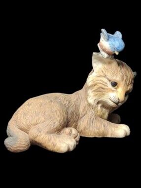 1986 THE FRANKLIN MINT: PEEK A BOO! CAT & BIRD PORCELAIN FIGURINE